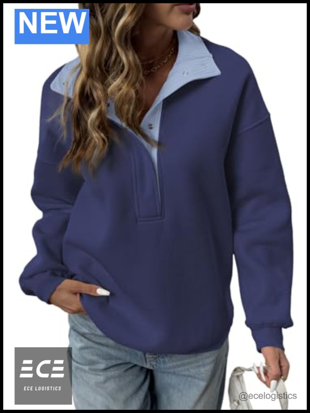 Oversized Mock Neck Henley Sweatshirt Cotton Poly Long Sleeve Pullover
